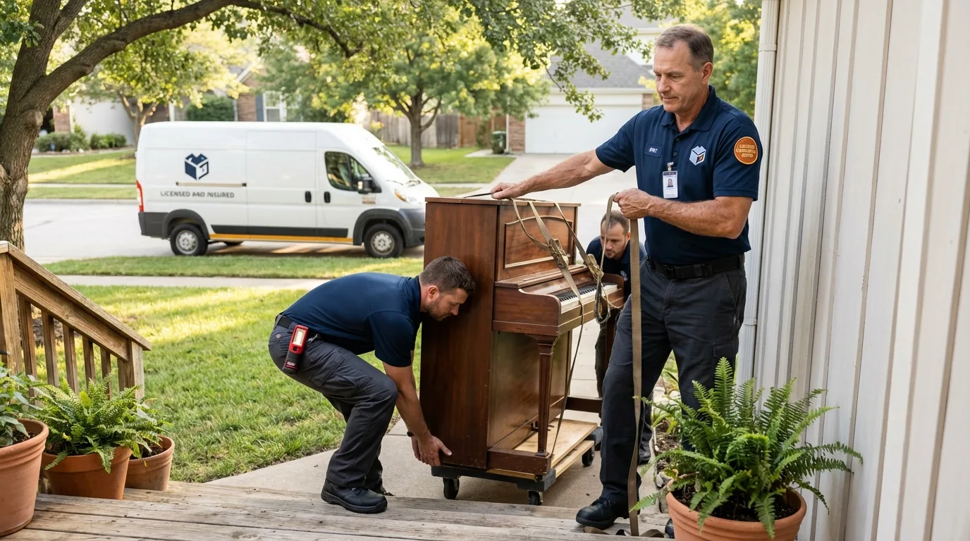 Licensed piano movers securing grand piano in Deale, MD